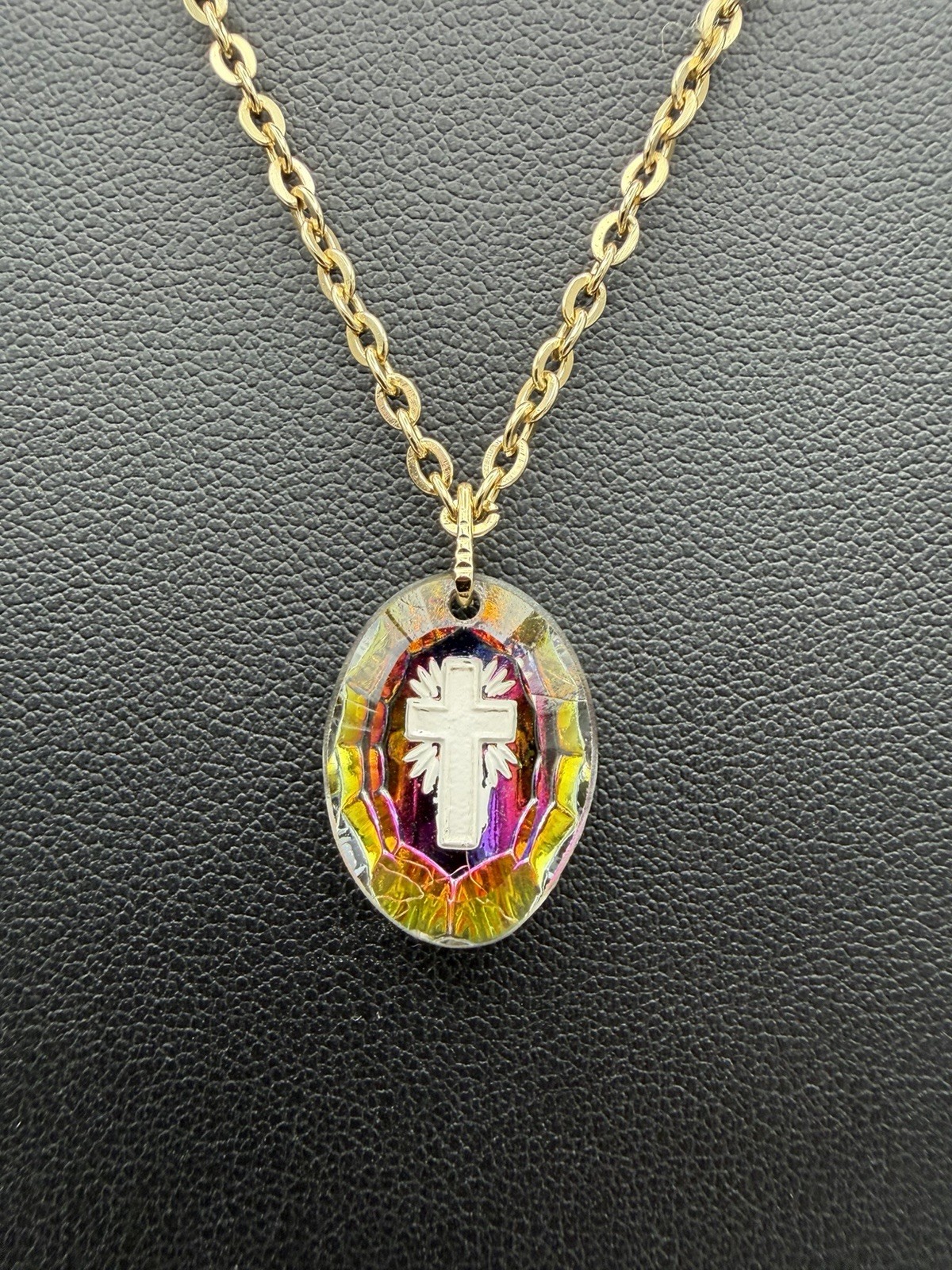 Germany Aurora Borealis Glass Cross Pendant Necklace