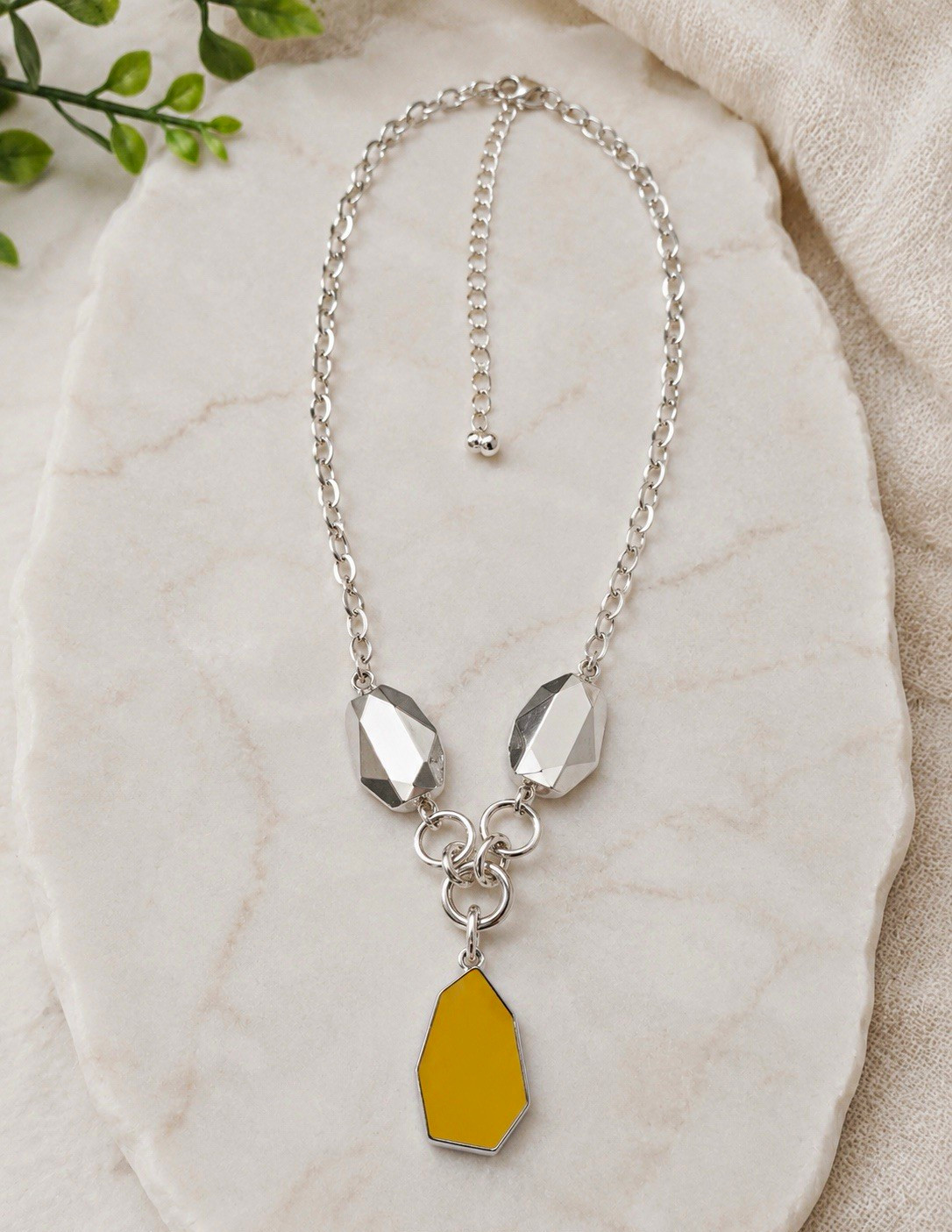 Silver Tone Geometric Yellow Pendant Necklace Modern Statement Adjustable Cable