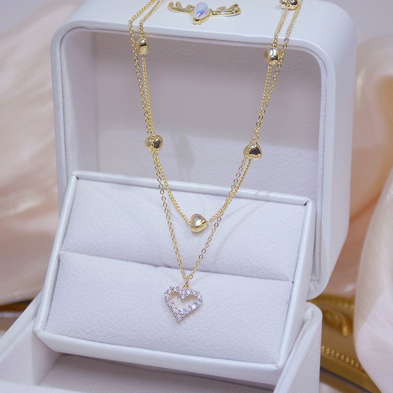 Gold Plated Double Layer Necklace Zircon Women Choker Chain Party Heart Pendant