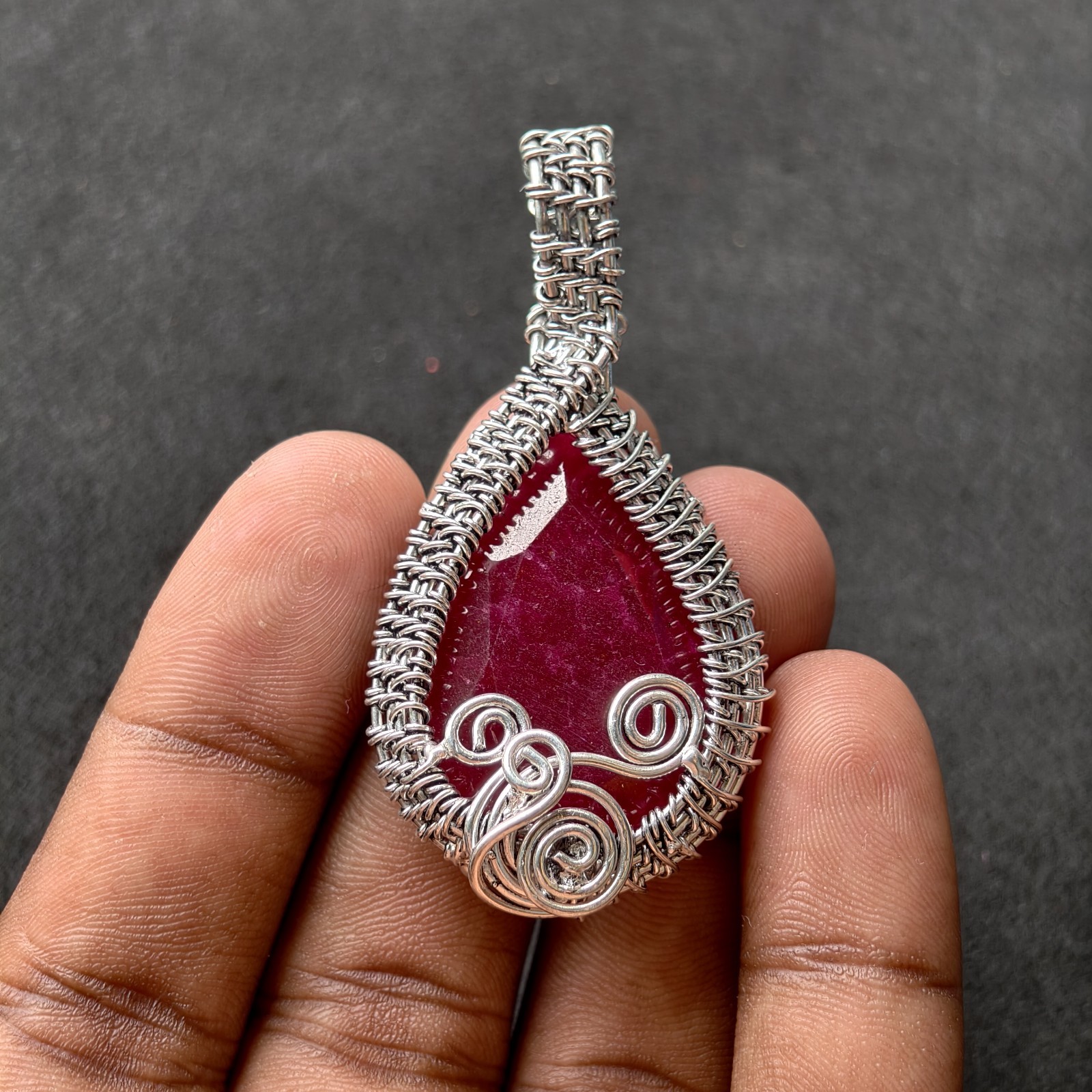 Handmade German Silver Kashmir Ruby Wire Wrapped Pendant Oxidized Silver Necklac