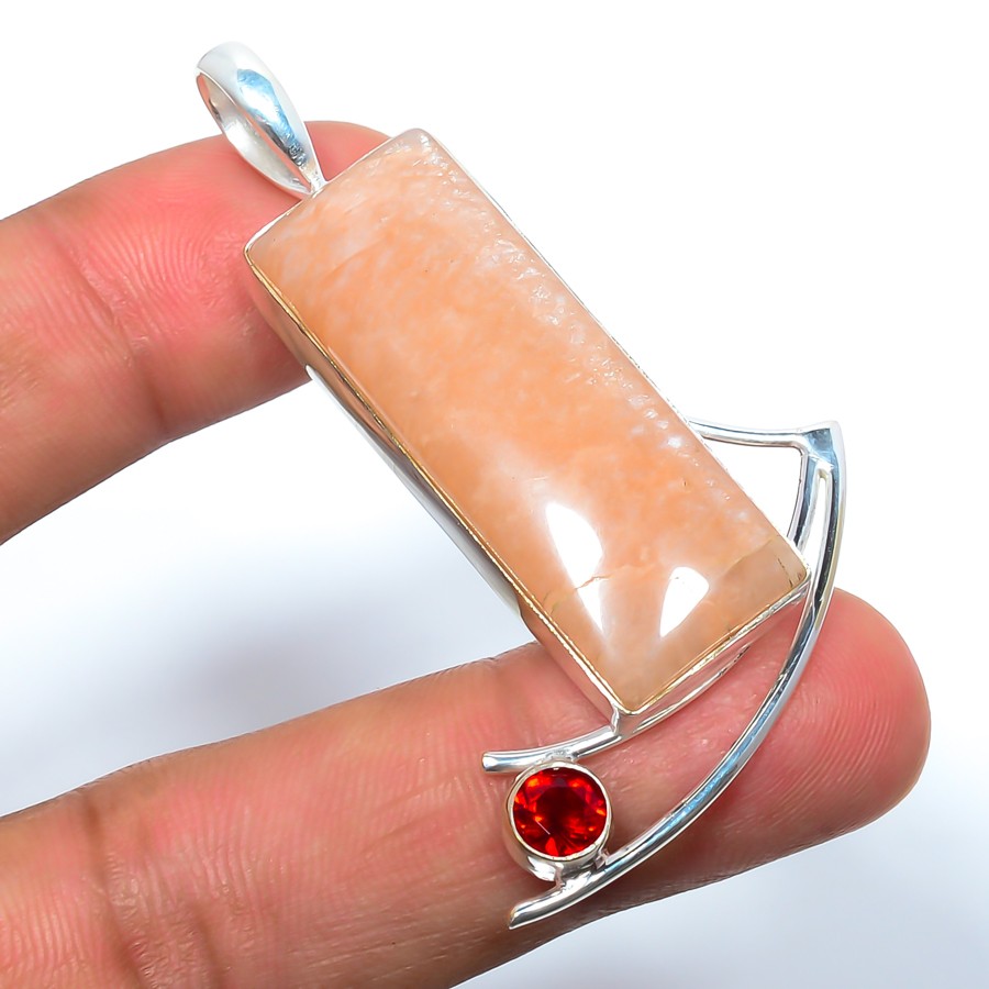 Amazonite – Beige & Garnet Gemstone 925 Sterling Silver Pendant 2.18″ T62