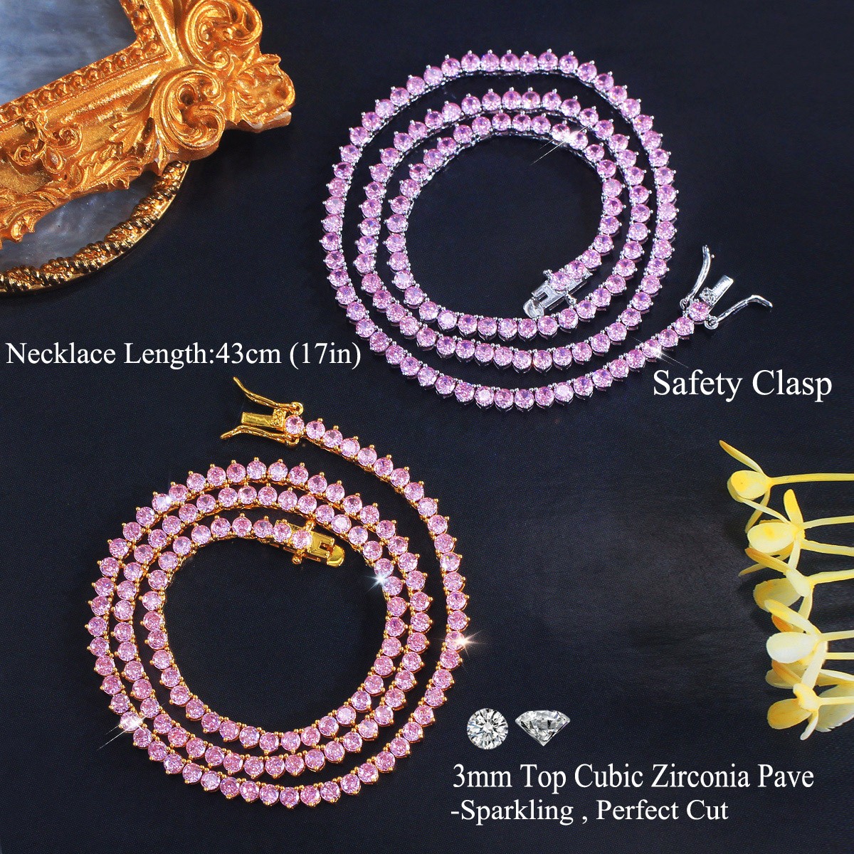 3mm Pink Round Cubic Zirconia Gold Plated Tennis Necklace Women Wedding Jewelry