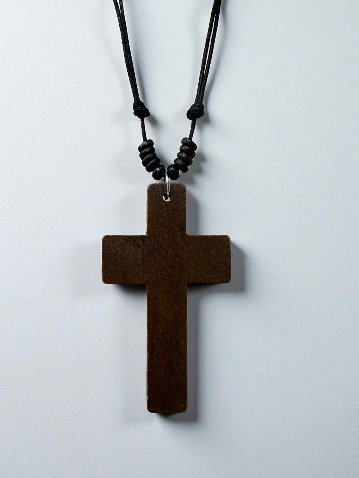 Wooden Cross Necklace 3in Brown Pendant Adjustable 16‑30in Sliding Knots Unisex