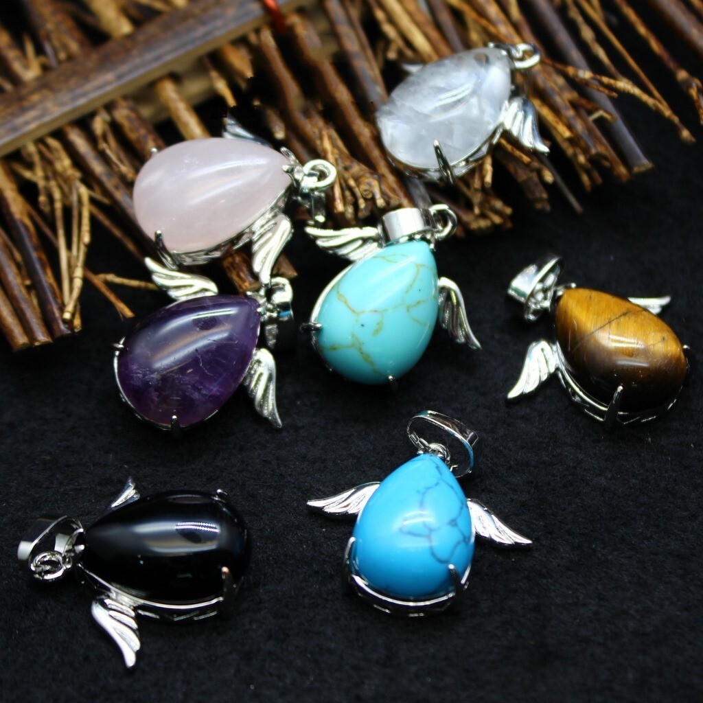 25*24mm Natural Stone Crystal Gemstone Angel Wing Pendant Unisex Adult Jewelry