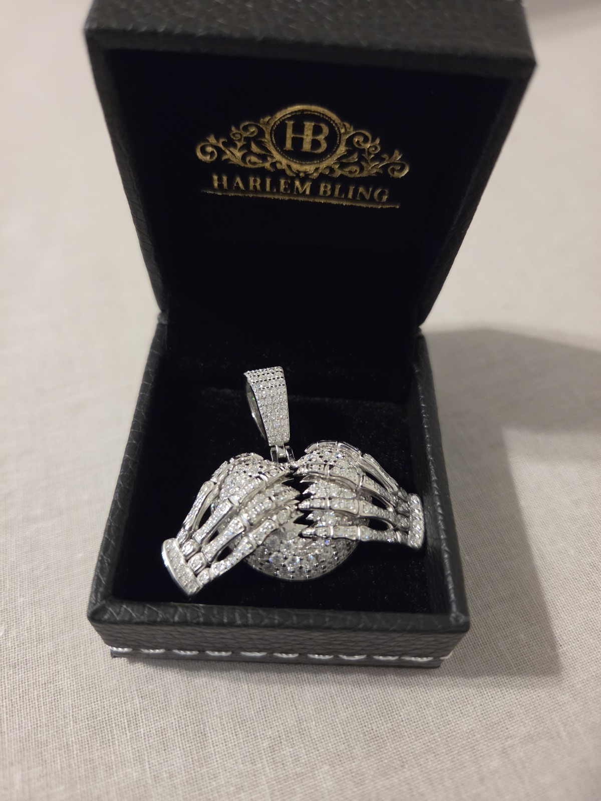 Moissanite Pendant Skeleton Hands Holding a Broken Heart, Harlem Bling