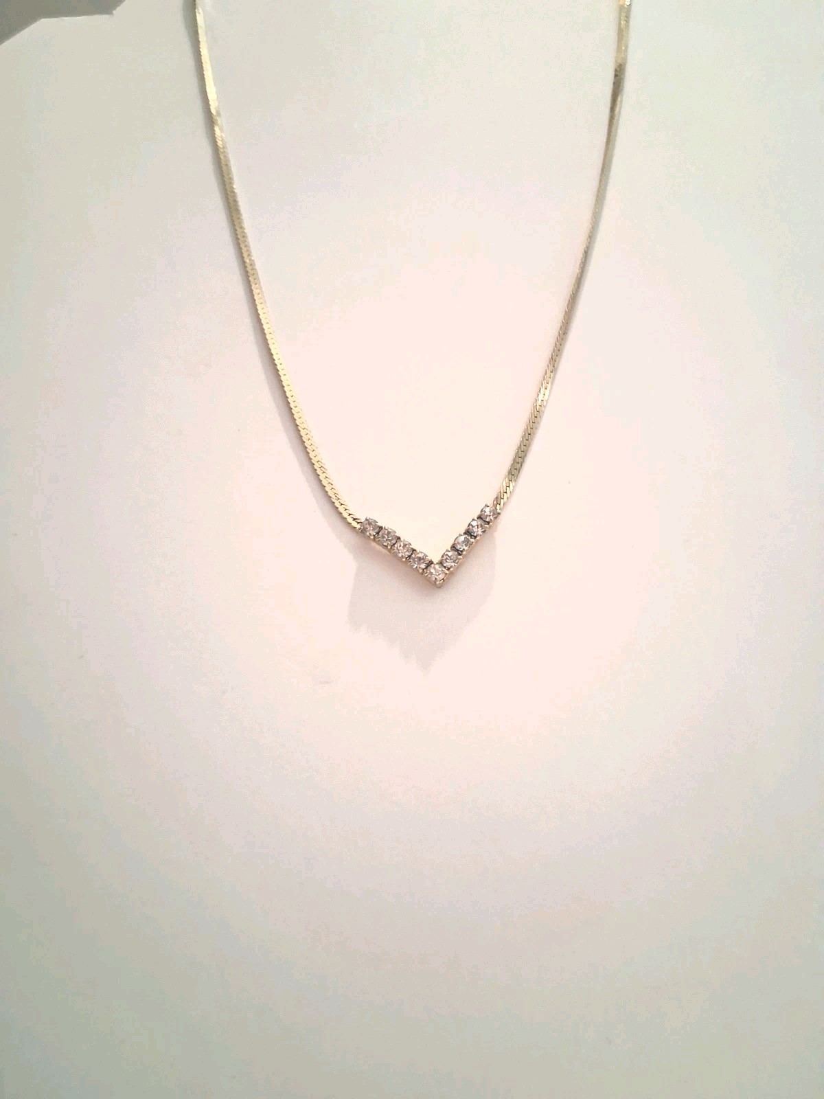 Gold Tone Snake Chain Necklace w/ V-Shaped Crystal Pendant, Adjustable
