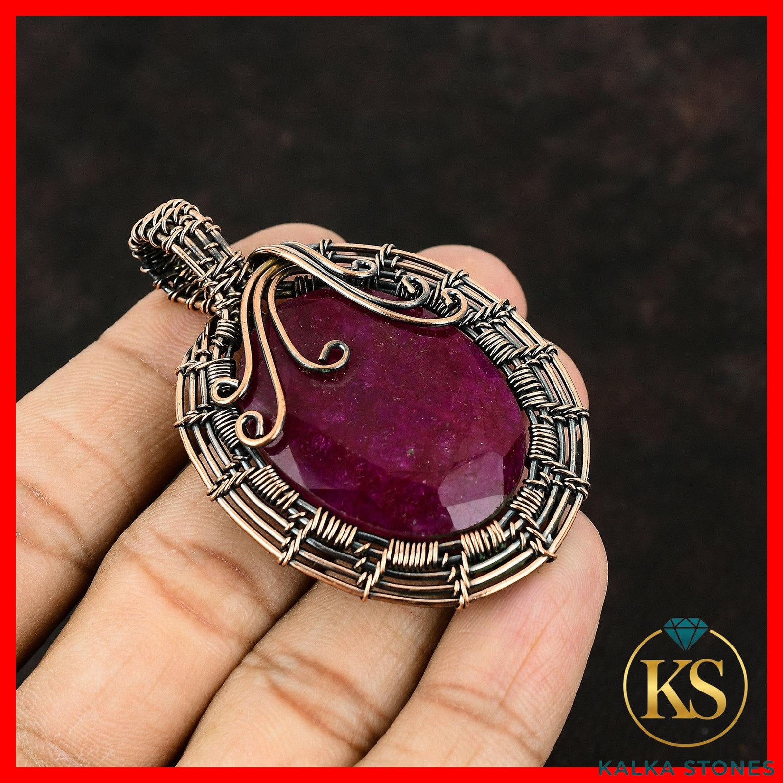 Oval Kashmir Rubi Gemstone Copper Ethnic Wire Wrapped Unique New Pendant Jewelry