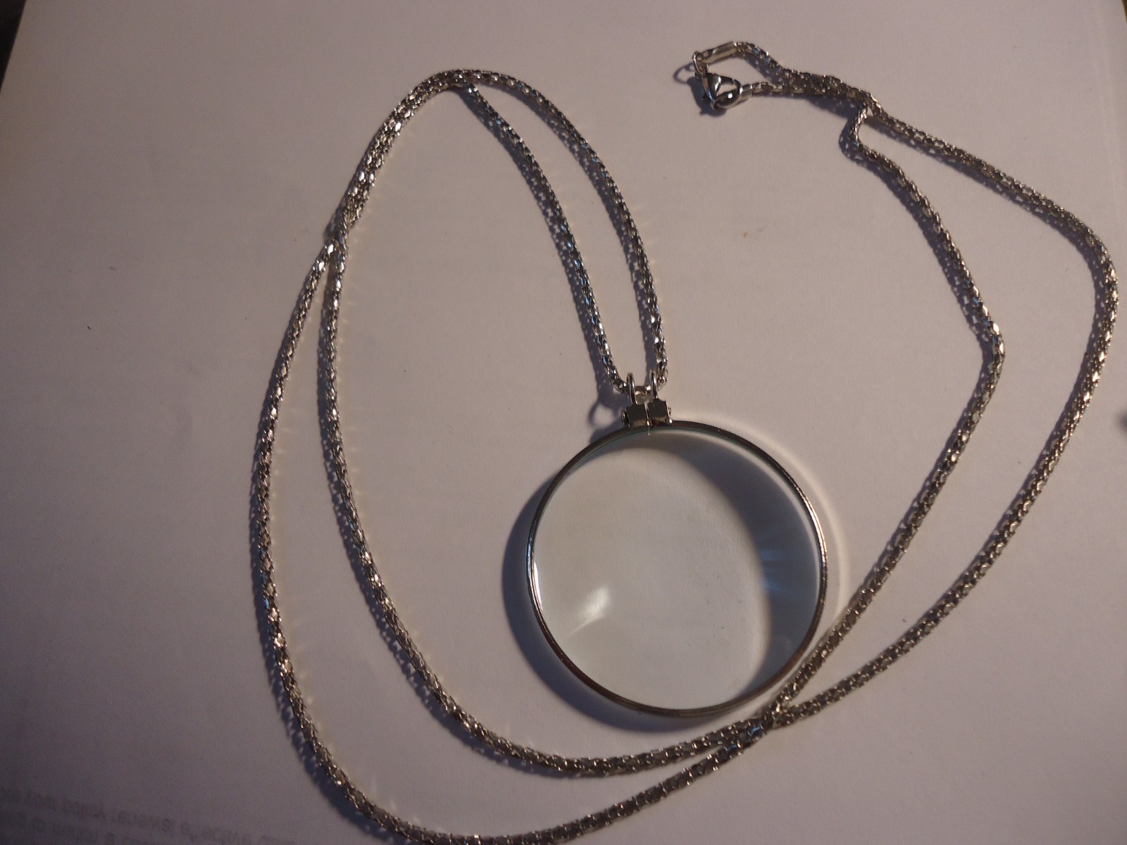 5X Magnifier Reading Magnifying Glass Lens Pendant Necklace 36” silver plated#/