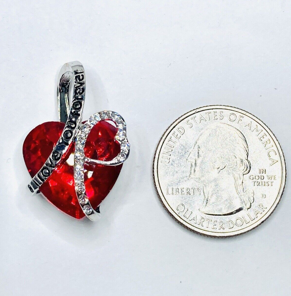 14k White Gold Plated Heart “I Love You Forever” Pendant Huge Red Cz & Chain 20″