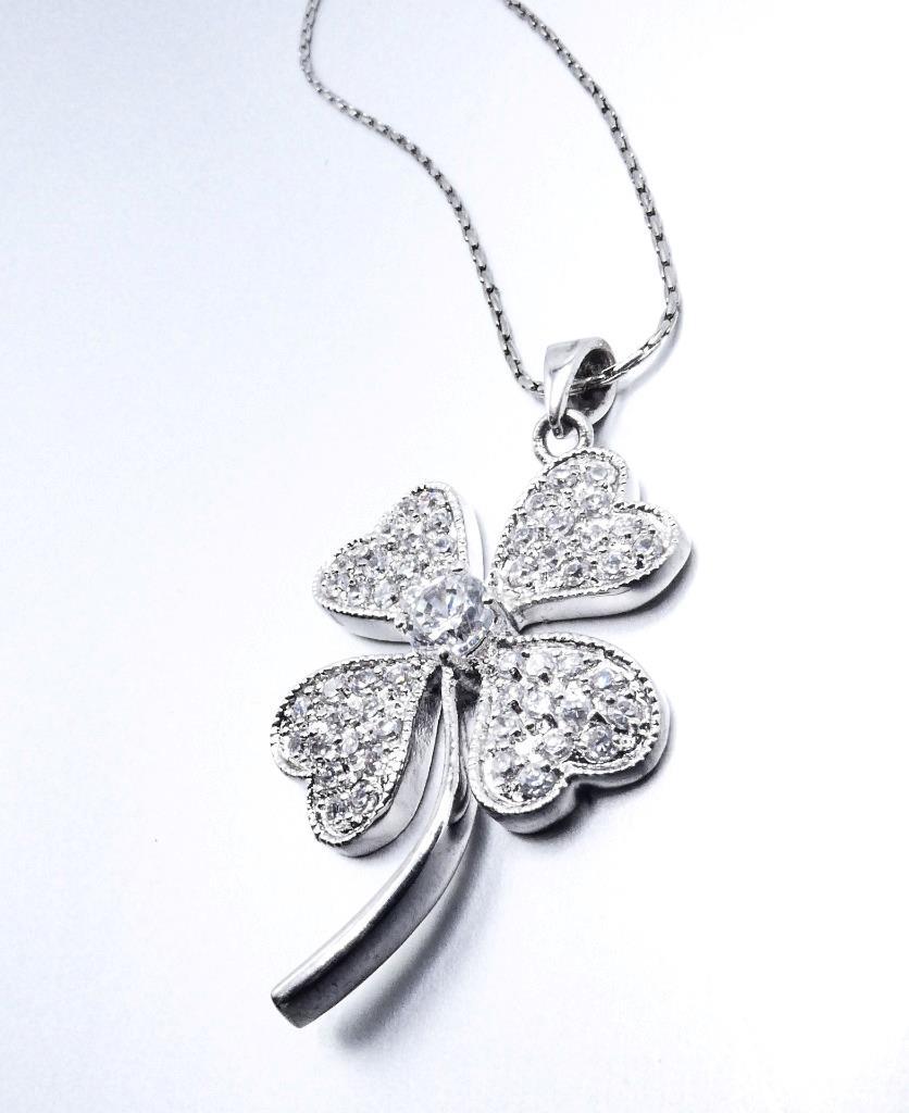 NEW 18kt White Gold Plated Crystals Four Leaf Clover Flower Pendant 16″ Necklace