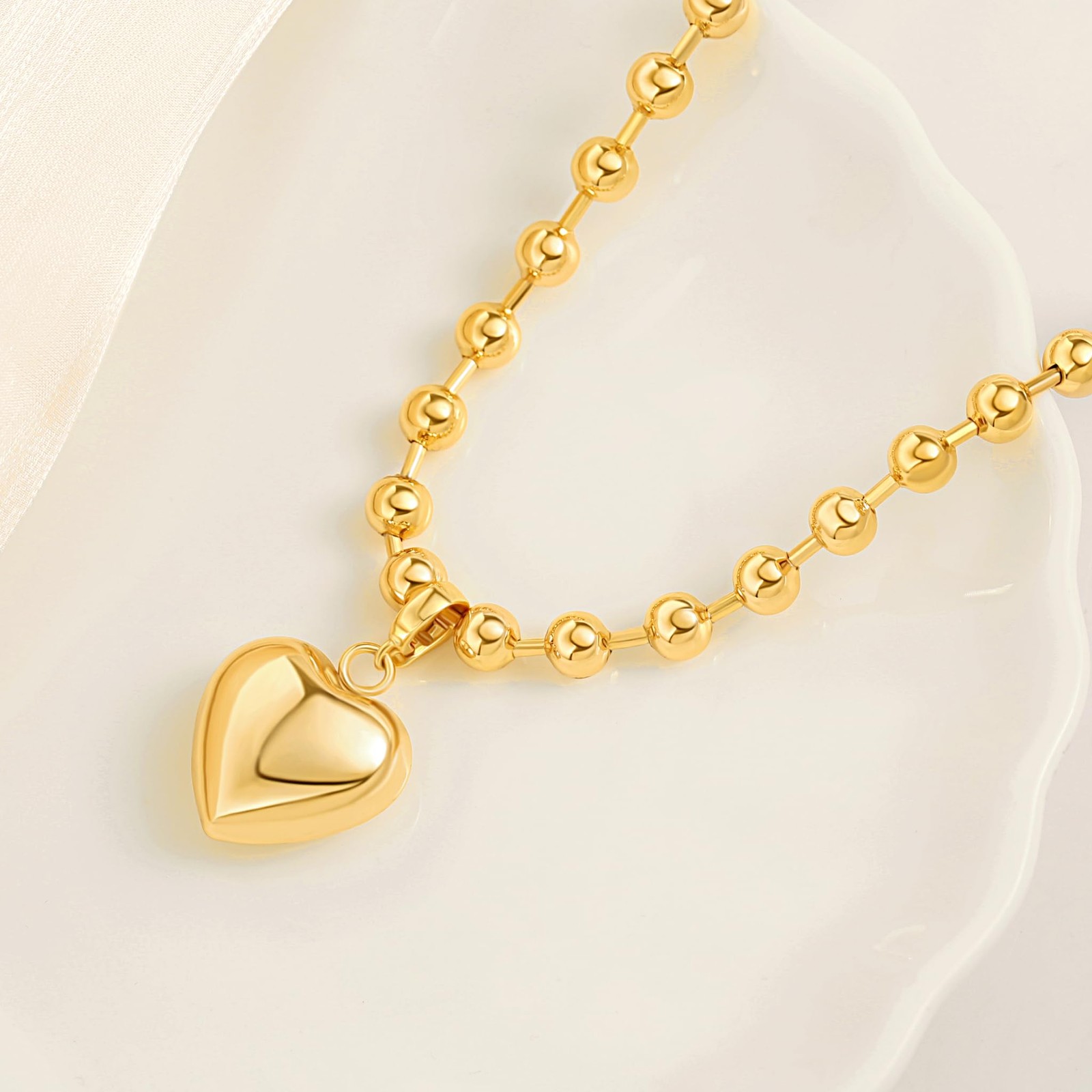 18K Gold Plated Pendant Necklace Puffy Heart Pendant Necklace Chunky Satellit…