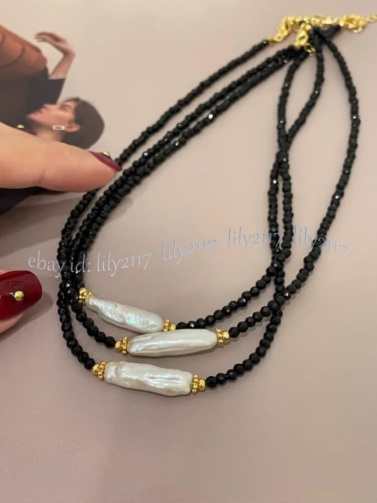 3mm Faceted Black Spinel Round Gems Natural White Baroque Stick Pearl Necklace