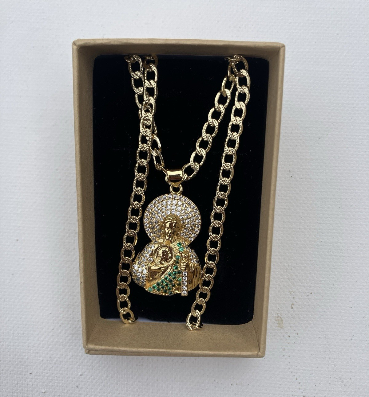 Gold Tone Curb Link Chain Necklace Saint Jude San Judas Rhinestone