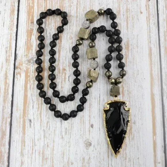 Lava Obsidian Mala Healing Amulet Protection Unisex Pendant Necklace