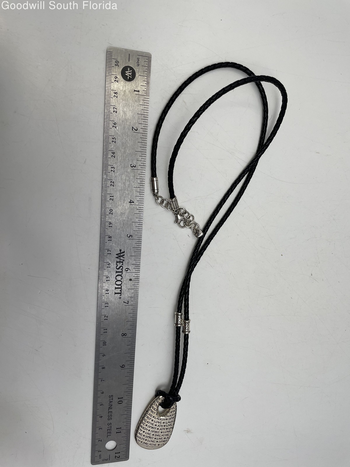 Brighton Silver Black Engraved Pendant Braided Cord Necklace Adjustable Clasp