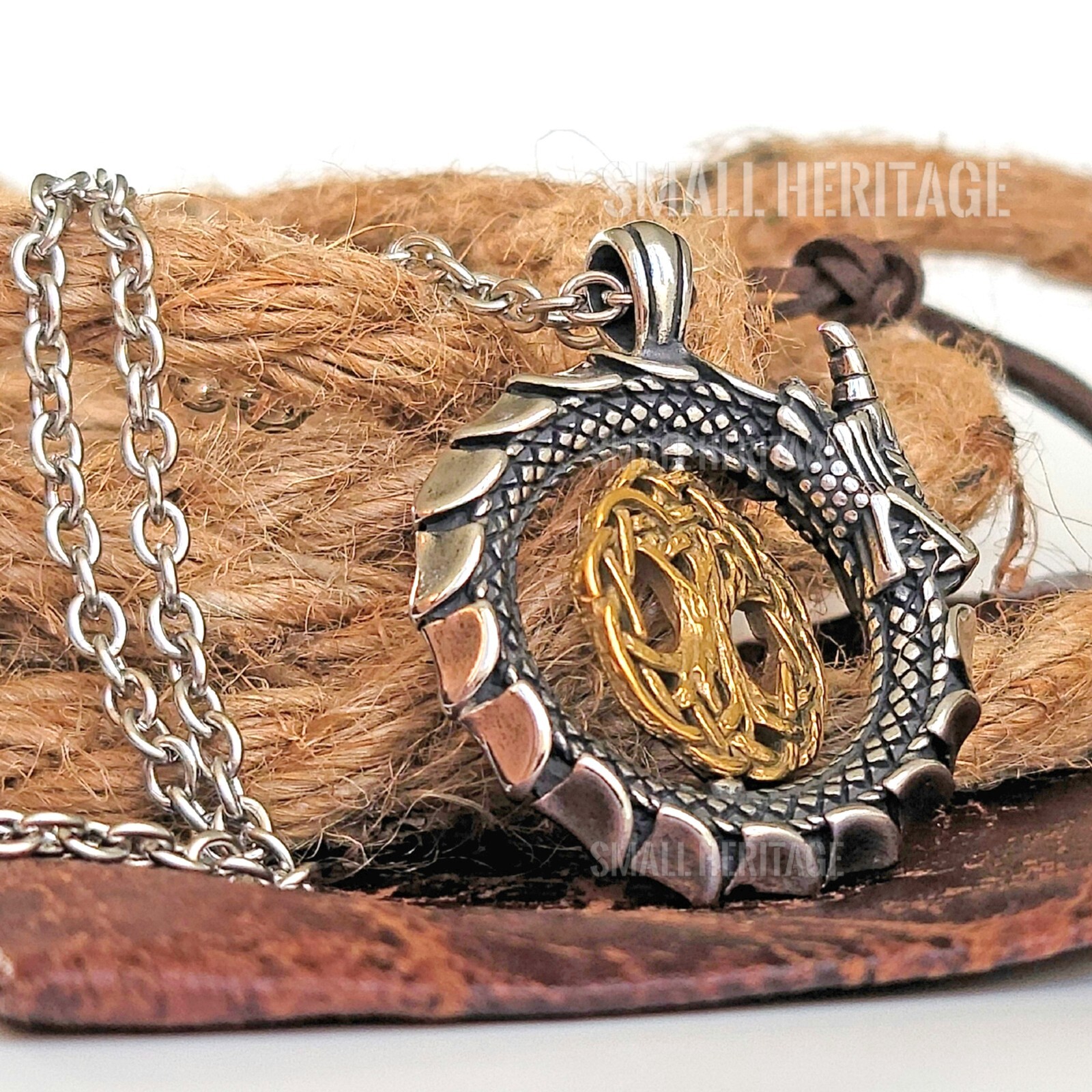 Viking Dragon Necklace 316L Stainless Steel Pendant Chain Norse Amulet Yggdrasil