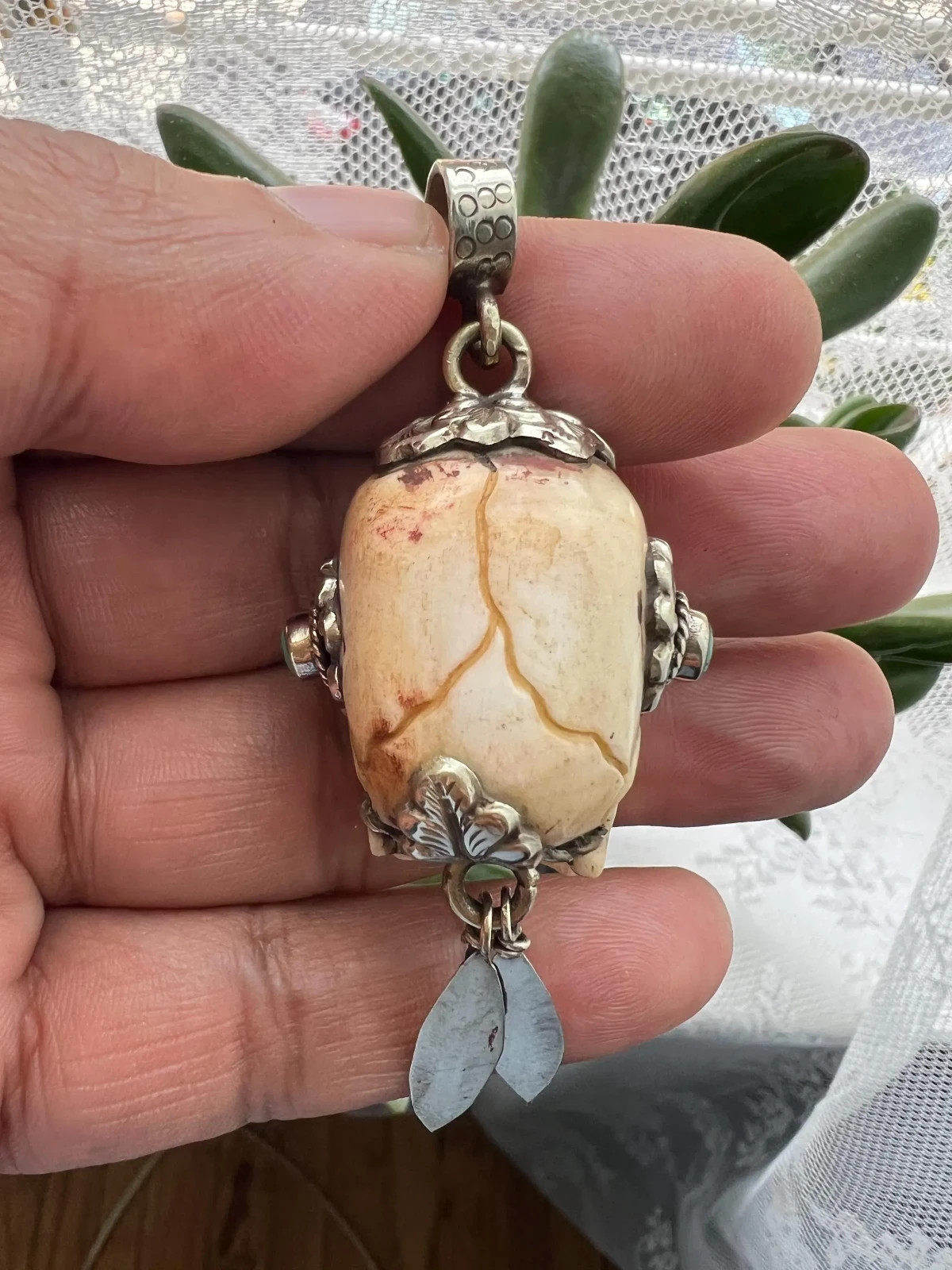 Skull carved set with coral pendant, Tibetan silver, 3×1 inches (B-3)