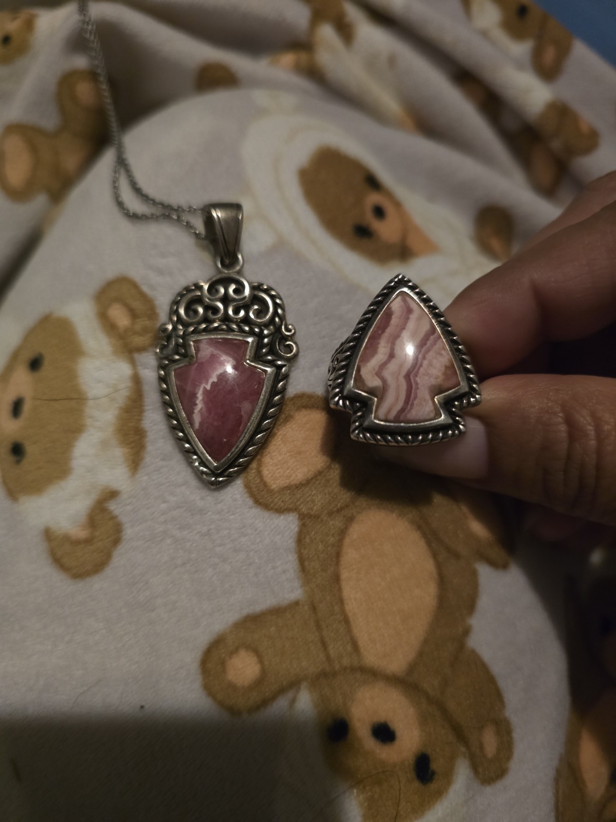Pink Banded Rhodochrosite. Pendent W Matching Ring.