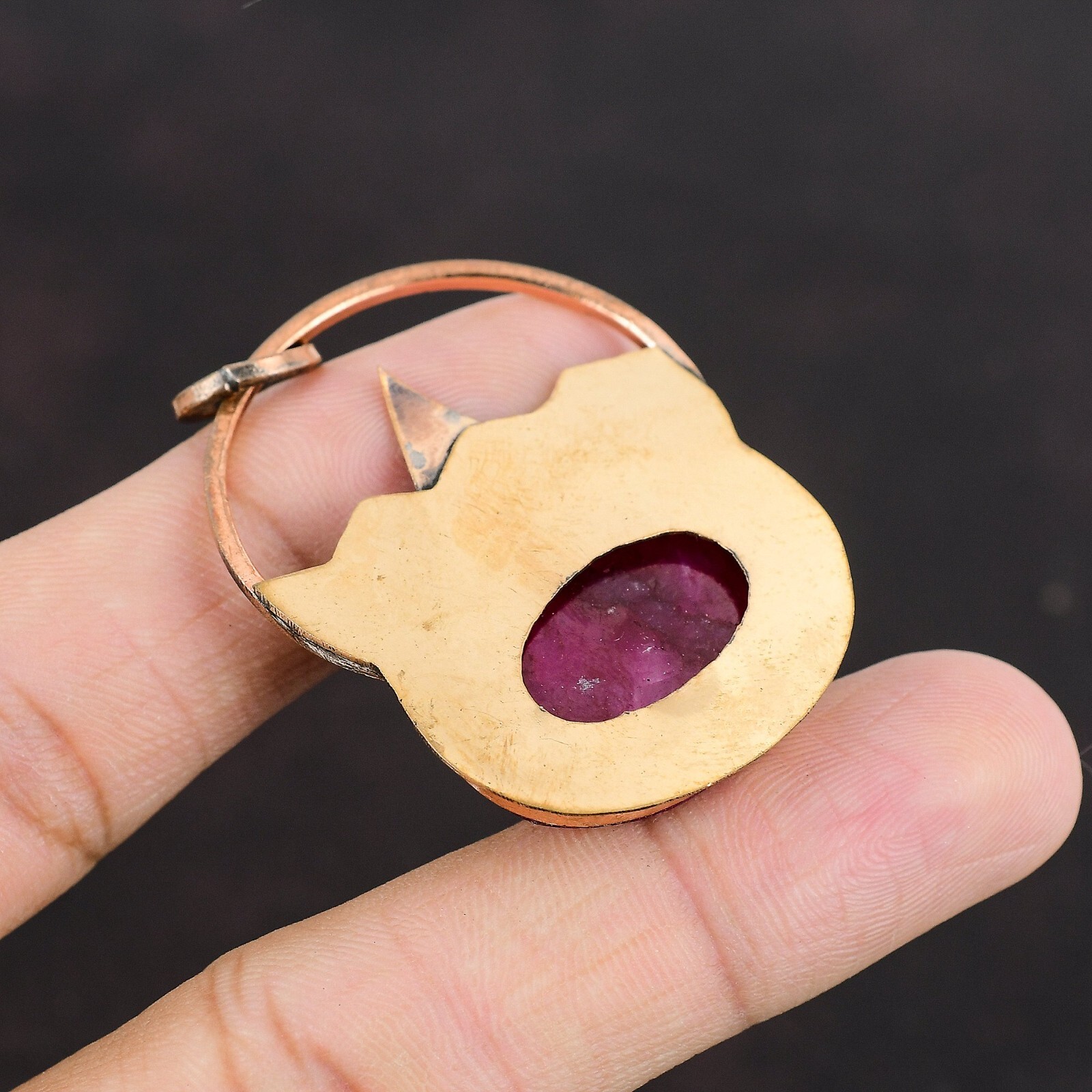 Valentines Deal Oval Kashmir Rubi Stone Copper Bezel Handcrafted Unique Pendant