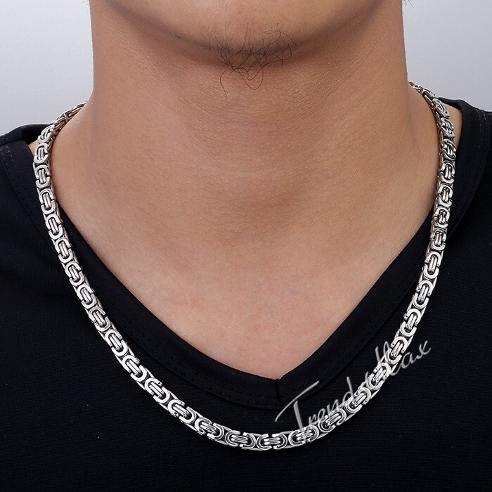 7mm Mens Chain Flat Byzantine Silver Tone Stainless Steel Necklace 18/20/22/24in
