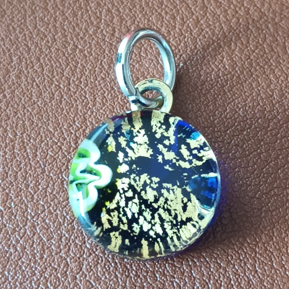 Round Blue Glass Charm Pendant with Bail Ring, Silver Tone Metal, Blue/Silver