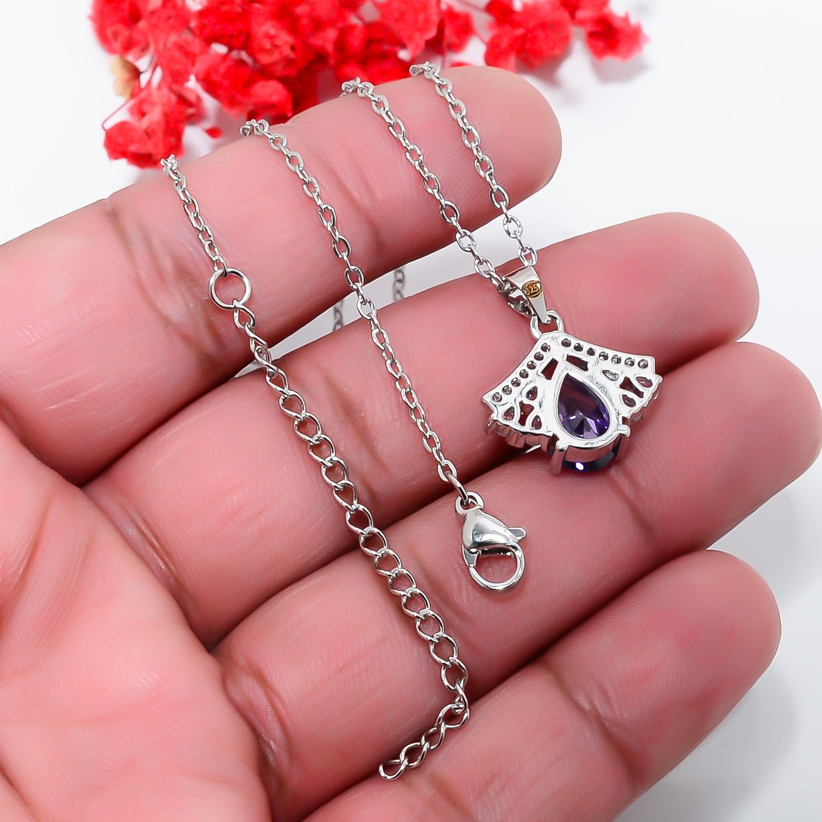 Purple Amethyst & Cz 925 Sterling Silver Pendant With Chain 18-20″ CP14575
