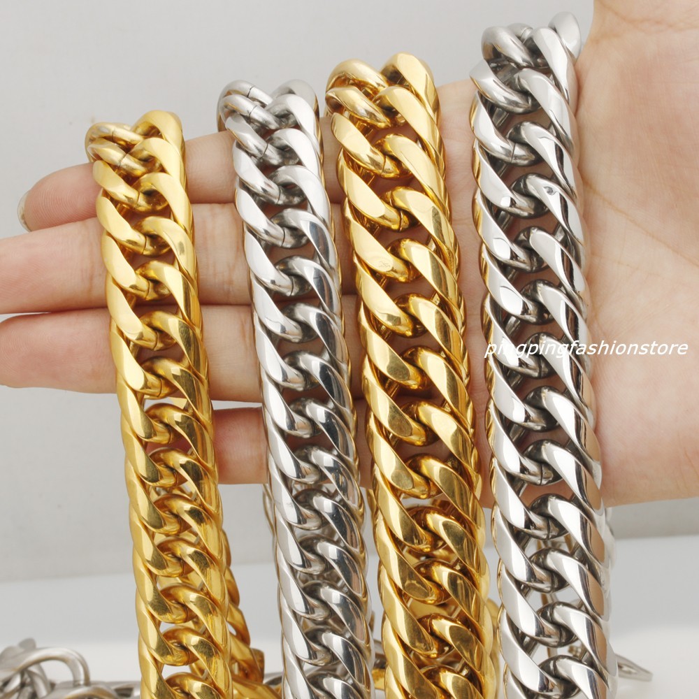 16/20mm Huge Stainless Steel Silver/Gold Curb Cuban Chain Men’s Necklace 7″-40″