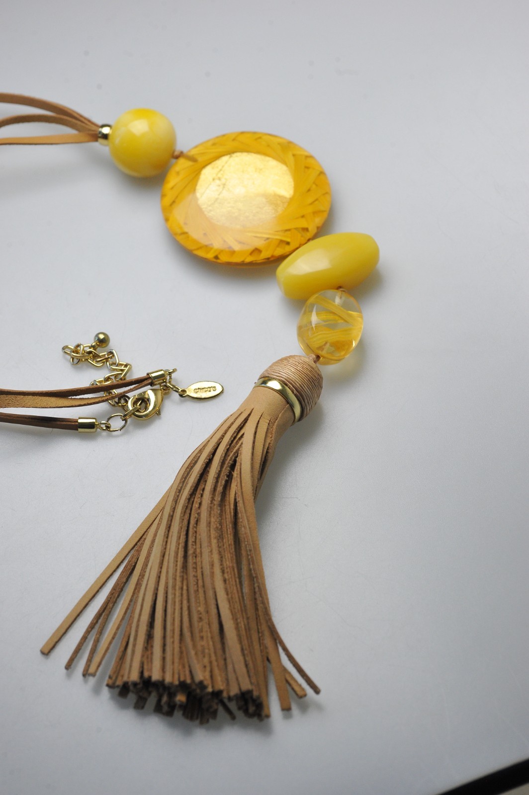 Chico’s necklace faux leather chunky tassel boho long costume yellow straw B