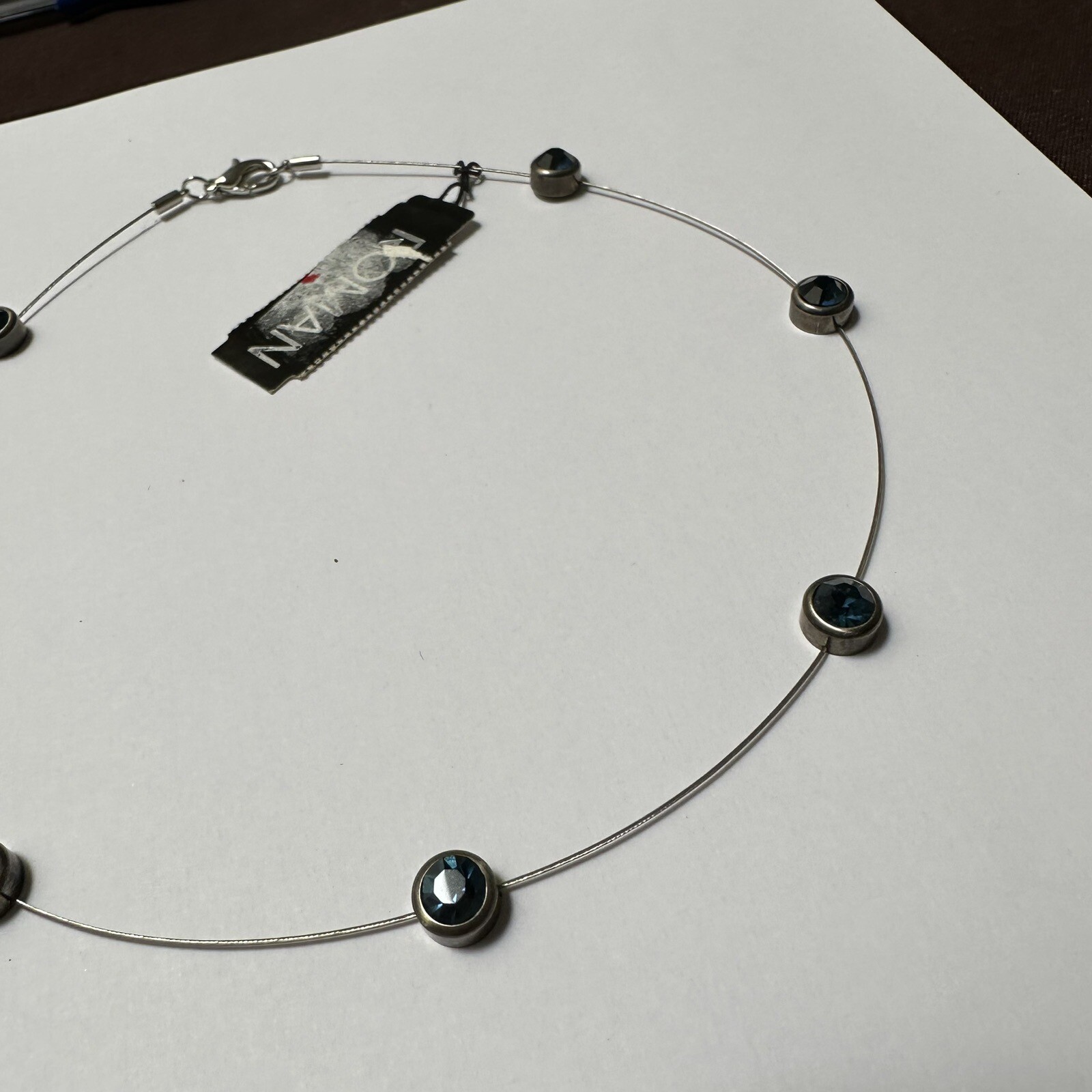 ROMAN Blue Rhinestone Gunmetal & Silver Tone Necklace 16 Inch NWT