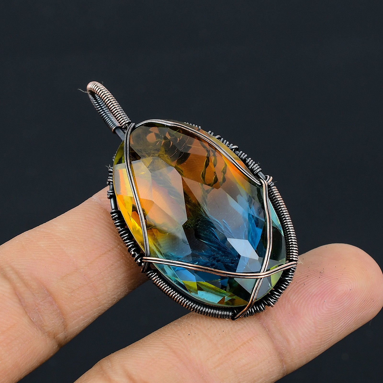 Bi Color Tourmaline Gemstone Copper Wire Wrap Jewely Pendant 2.2″ J676