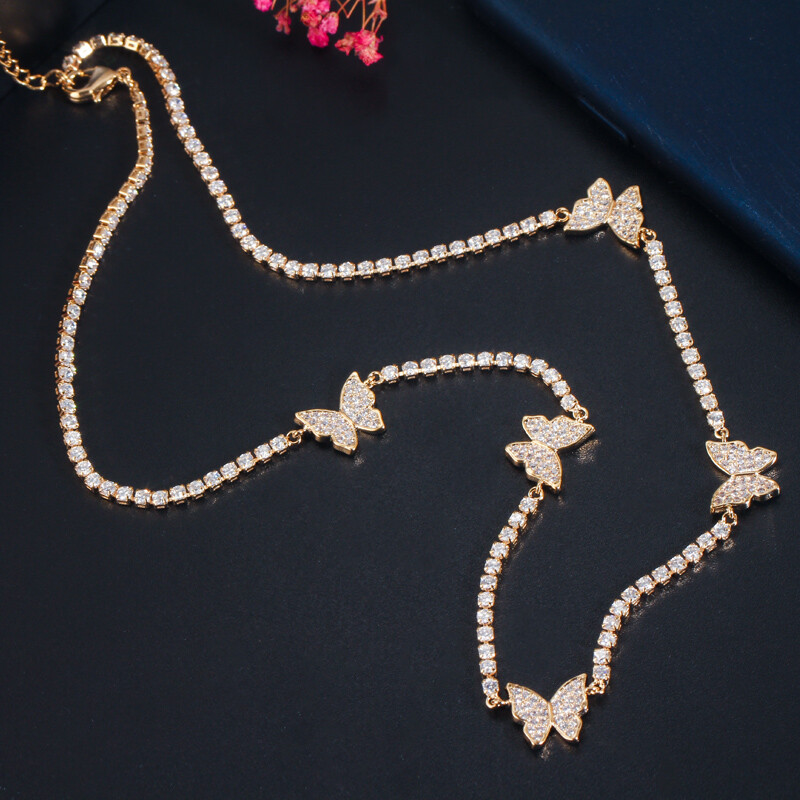 Cubic Zirconia Tennis Butterfly Connect Clavicle Round Choker Necklace for Women