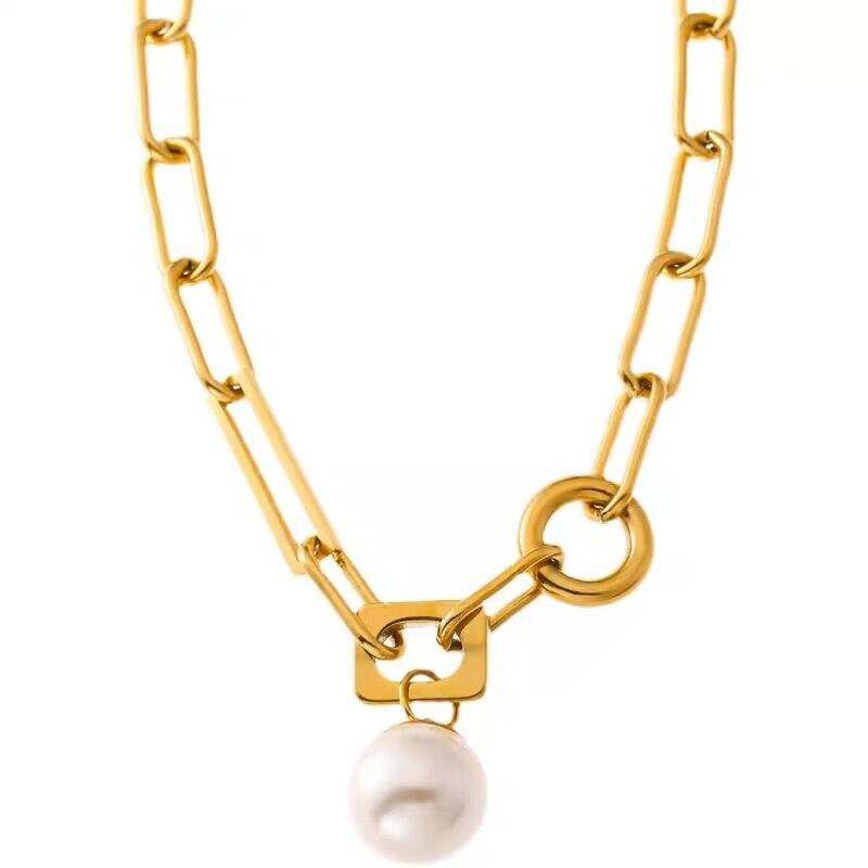 Woman 18K Gold Plated Stainless Steel Pearl Round Charm Rolo Link Chain Necklace