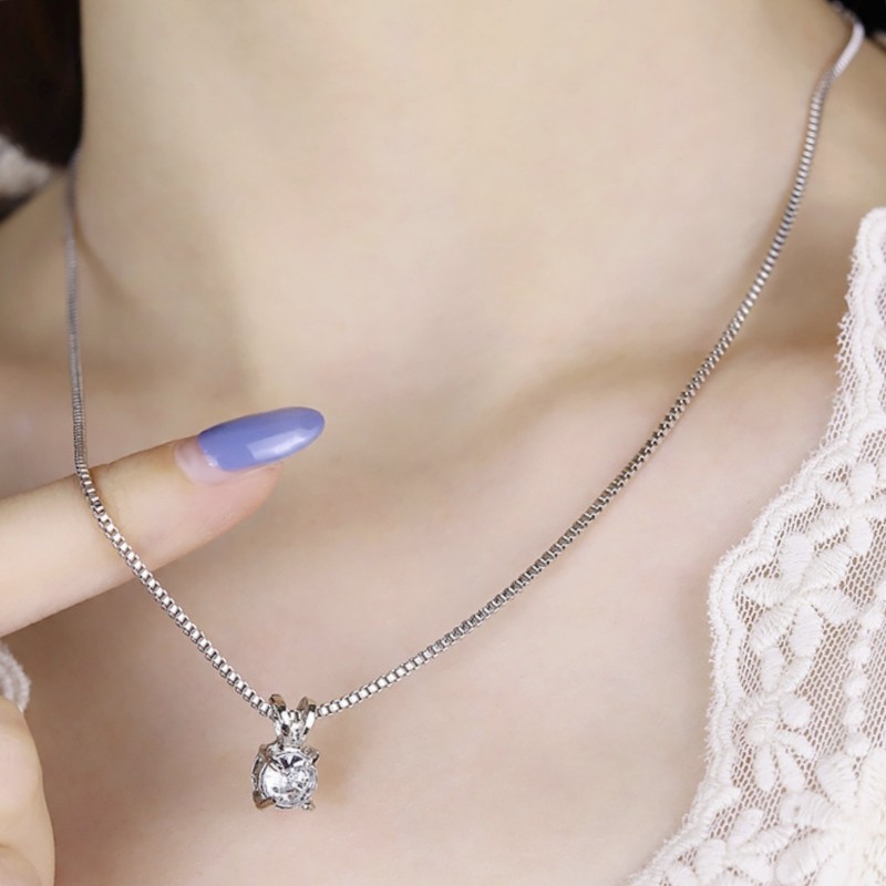 Women’s 4‑Prong Single CZ Pendant Necklace Silver Plated Square Box Chain Choker