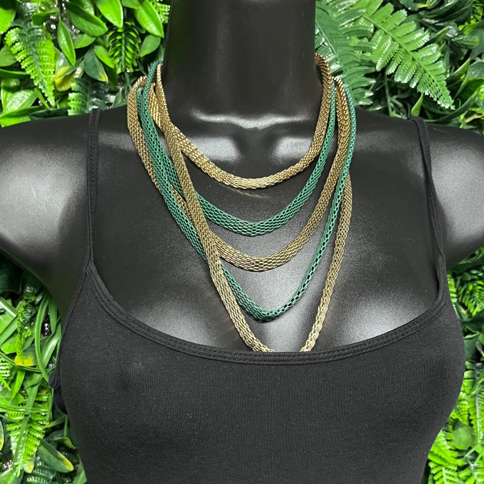 Statement Bib Necklace Multi Strand Mesh Gold Emerald Green Tiered Chain 3817