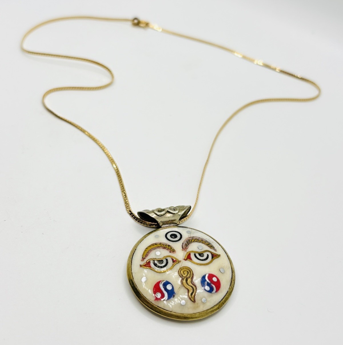 Symbolic Double-Sided Inlay Nepal Amulet Buddha Kathmandu Pendant Necklace