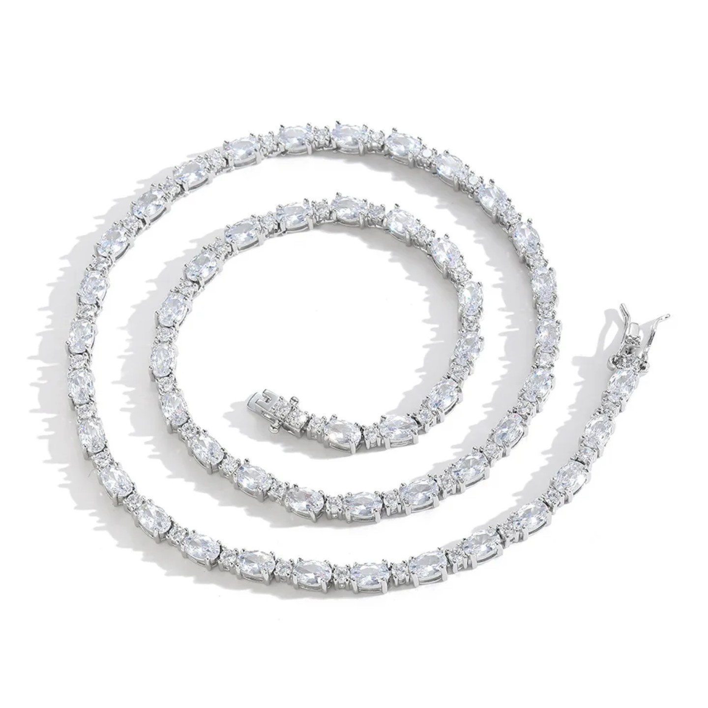Silver Tone Tennis Chain Necklace Oval White Crystal Prong Set Box Clasp