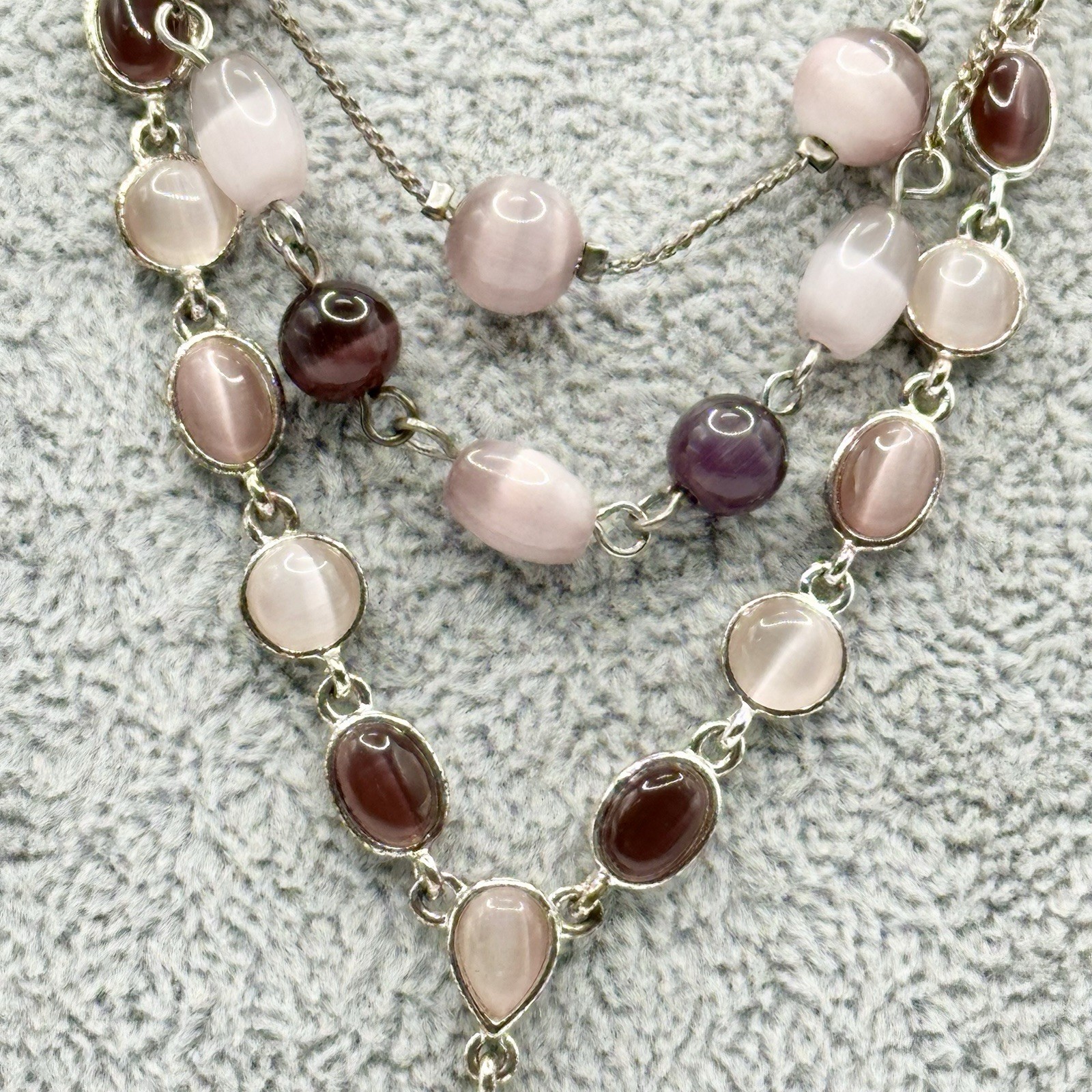 Purple Glass Cats Eye Necklace Silver Tone Layered Multi Strand 16-18”