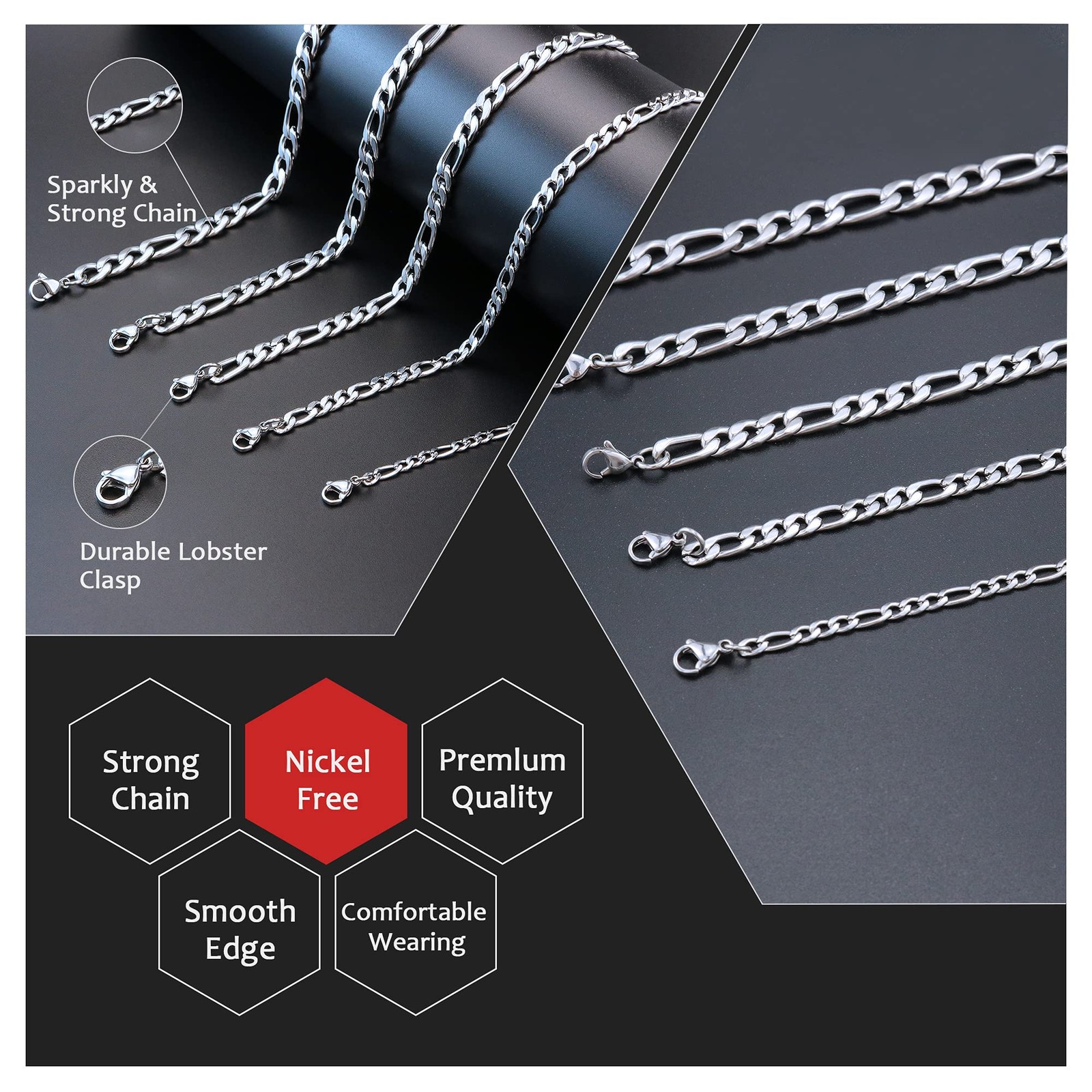 20 Inches Figaro Chain Necklace for Men 6.5MM Stainless Steel Figaro Link Chai