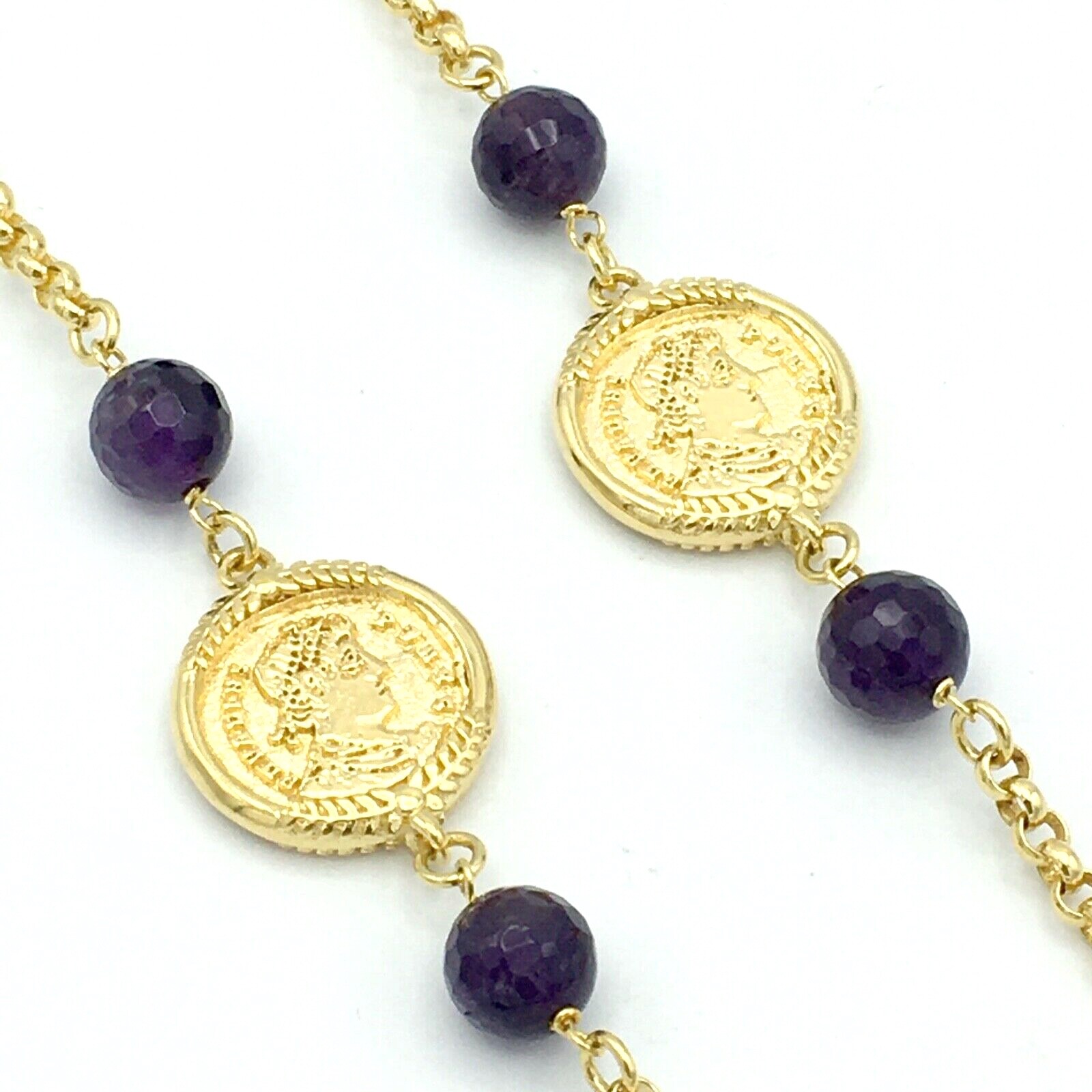 BRONZALLURE faux coin necklace – amethyst bead gold-plated station Italy 35″