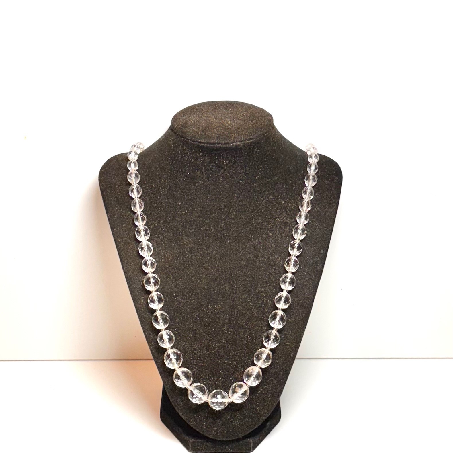 NECKLACE clear faceted glass beads graduated clear spacers white cord 30 1/2″