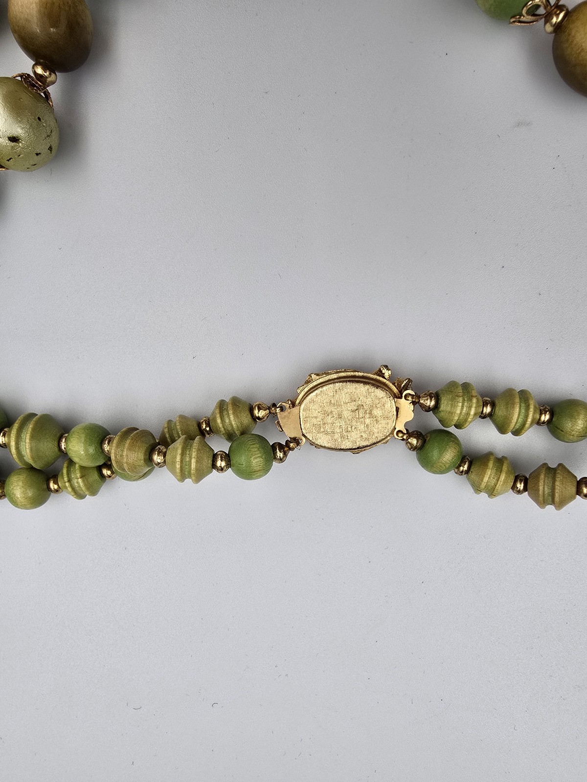 Vintage Double Strand Wood Bead Necklace Green Yellow Gold Tone Clasp