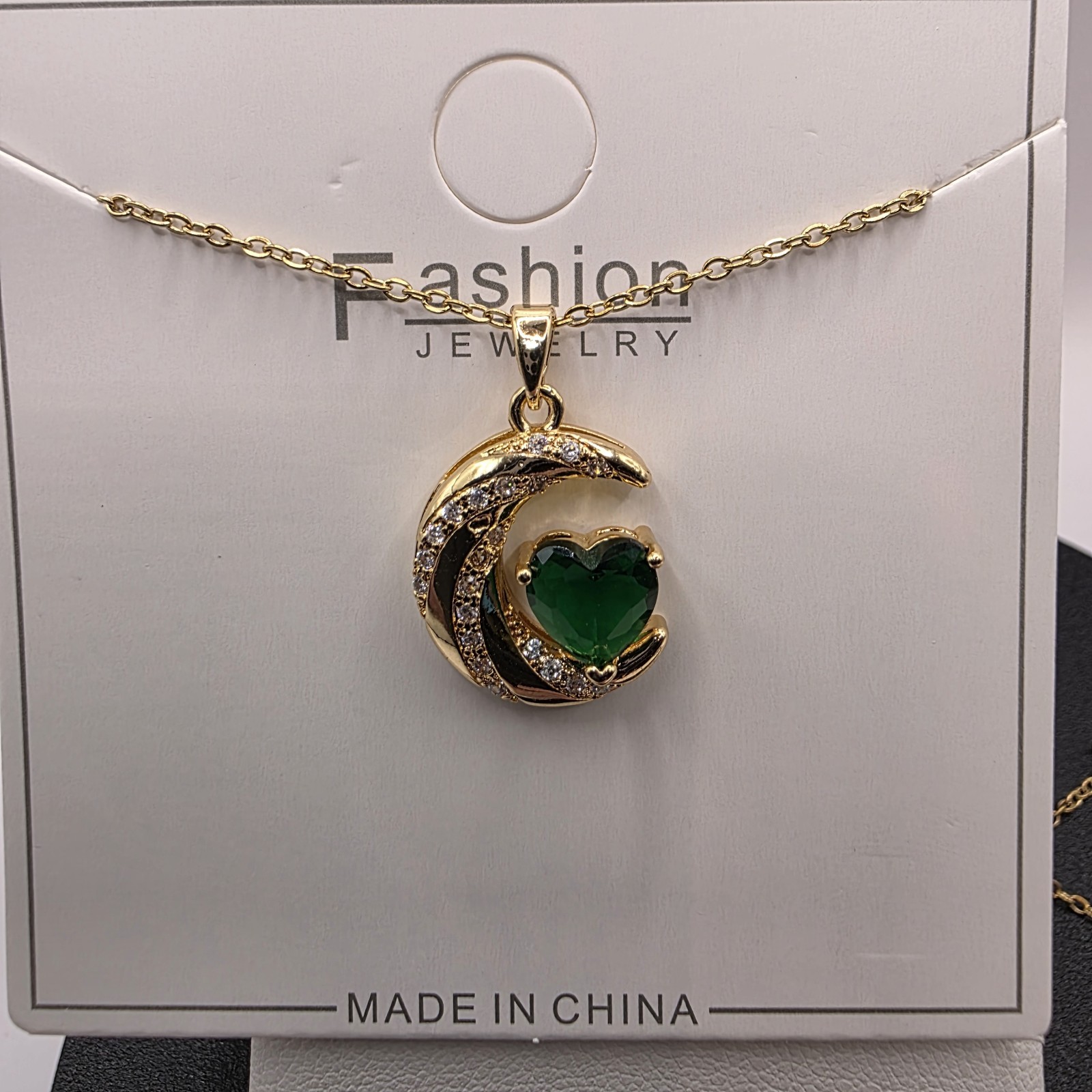 Stainless Steel Copper Plated 16″Necklace w/20mm Cz Half Moon w/Cz Heart