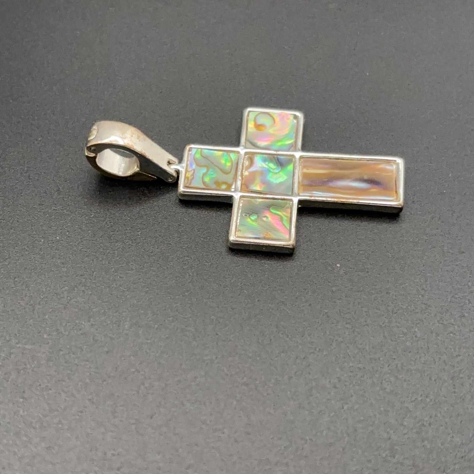 Silver Tone Abalone Shell Inlay Cross Pendant Hinged Bail