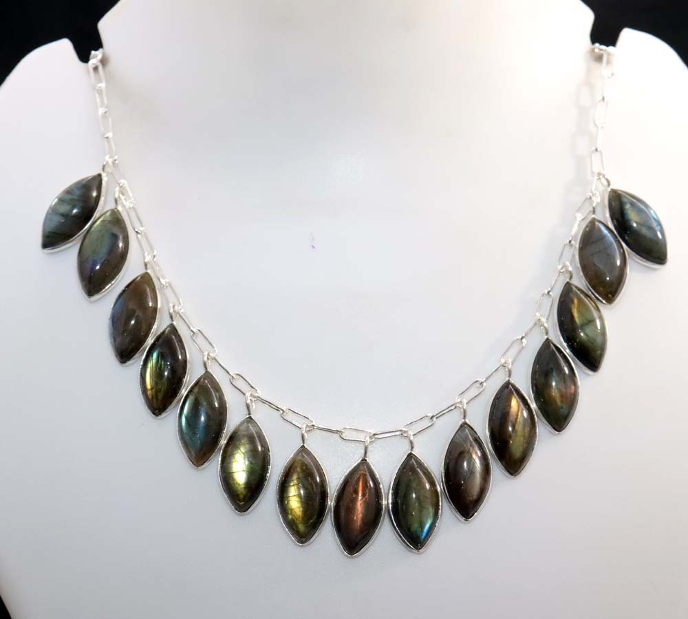 925 Silver Plated Exclusive Cluster Fiery Labradorite Necklace 18″ Trendy MJ
