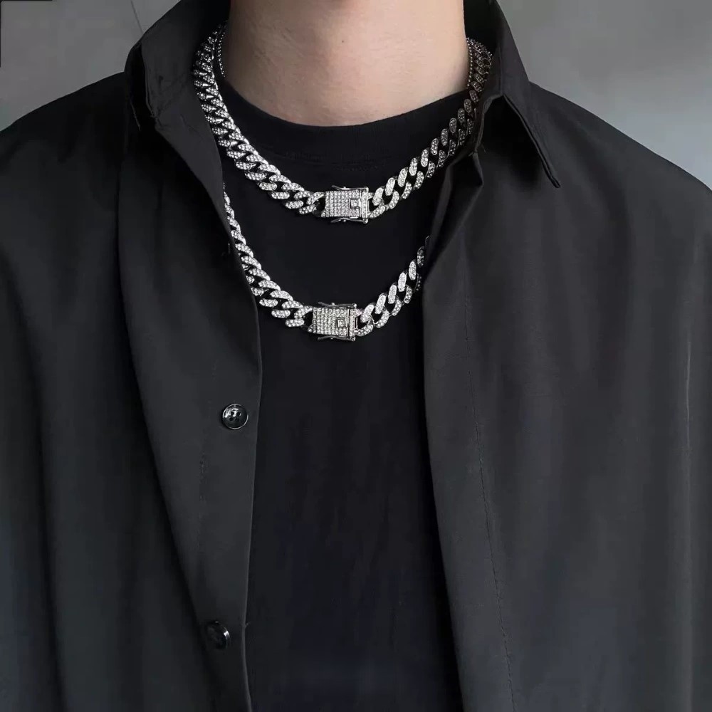 13mm White Gold Plate Stainless Steel Miami Cuban Link Chain CZ NecklaceBracelet