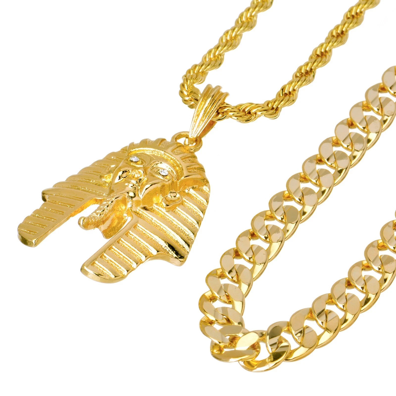 Mens Gold Plated Egyptian Pharaoh Pendant 22″ Rope Chain 30″ Concave Cuban Chain
