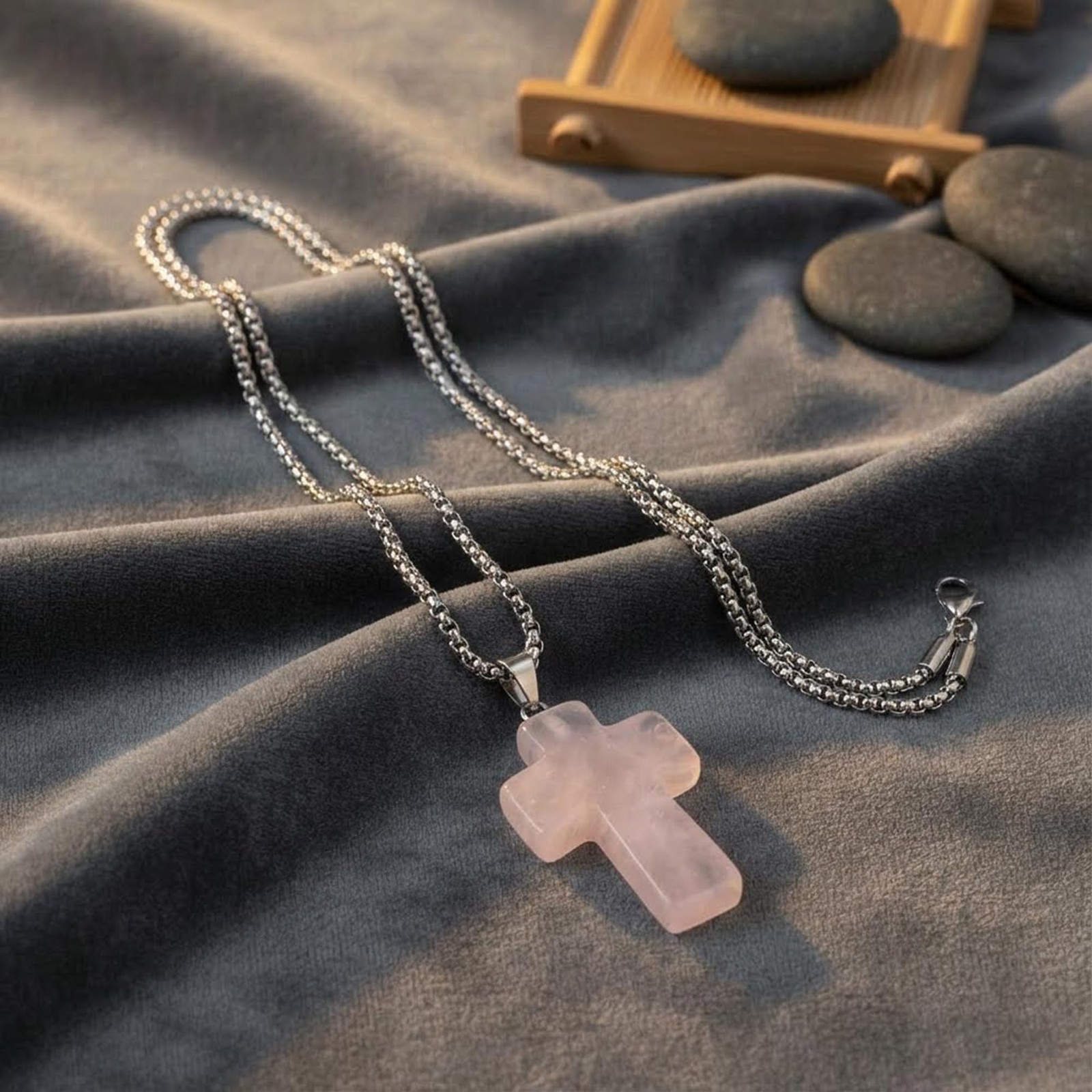Natural Rose Quartz 32mm Gemstone Carved Cross Reiki Chakra Pendant With Stai