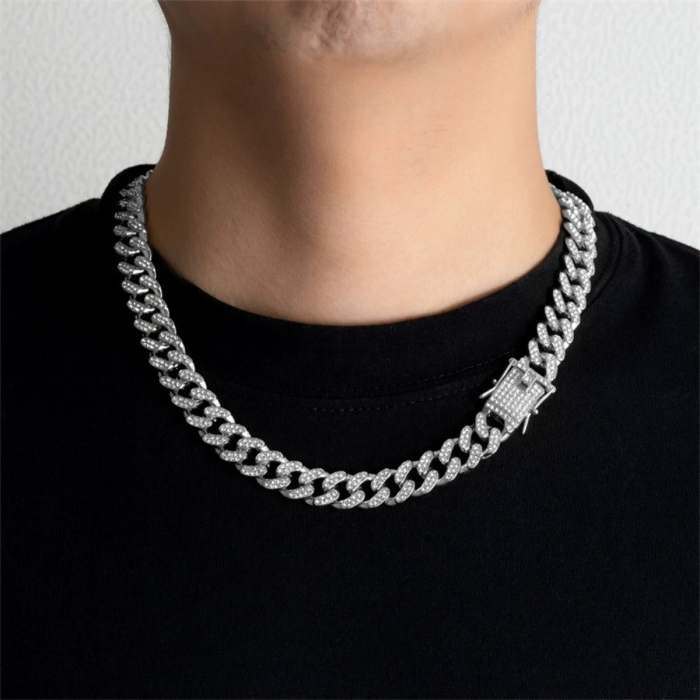 13mm White Gold Plate Stainless Steel Miami Cuban Link Chain CZ NecklaceBracelet