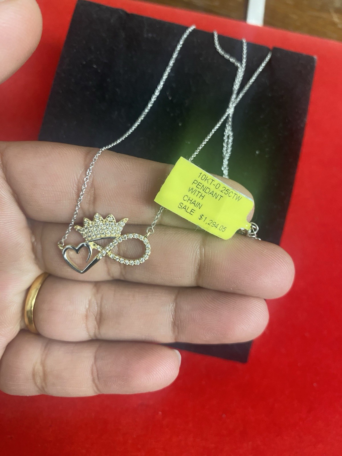 10K White Gold natural Diamond Heart Infinity Crown Pendant chain #00783139