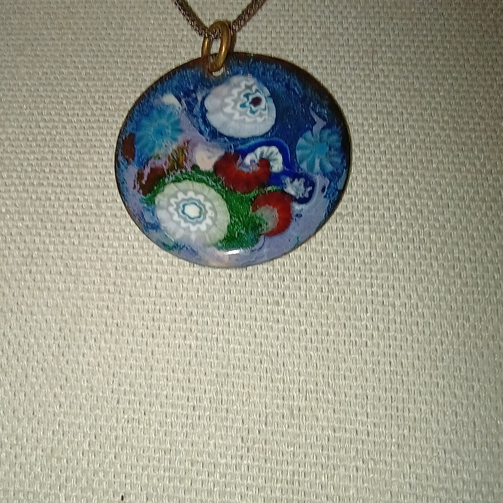 Round Multicolor Glass Pendant Necklace, Blue Accents, Box Chain, Lobster
